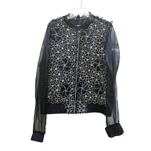 Elie Tahari Navy Silver Floral Lace Sheer Organza Silk Bomber Jacket Size Medium